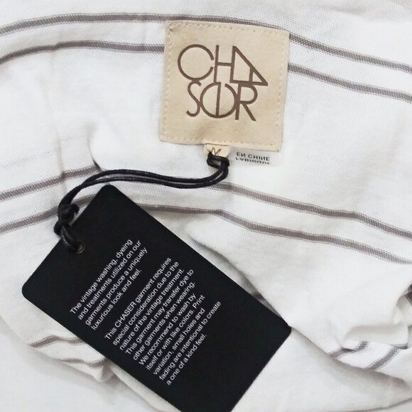 CHASER Double V-Neck Ruffle Tank Top Striped Raw Lettuce Hem White/Grey Sz M NWT - Picture 5 of 6